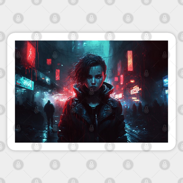 Girl In Rainy Dystopian Cyberpunk City By Night Sticker by Nightarcade